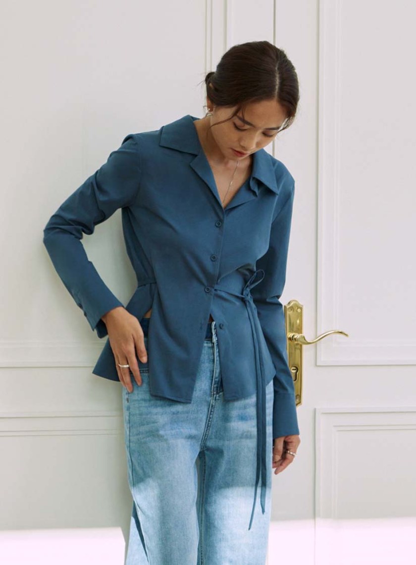 不對稱領彈力綁帶長袖襯衫